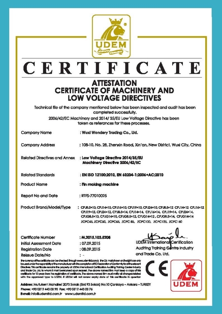 ΚΙΝΑ Wuxi Wondery Industry Equipment Co., Ltd Πιστοποιήσεις
