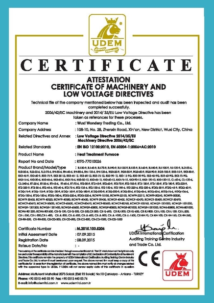 ΚΙΝΑ Wuxi Wondery Industry Equipment Co., Ltd Πιστοποιήσεις